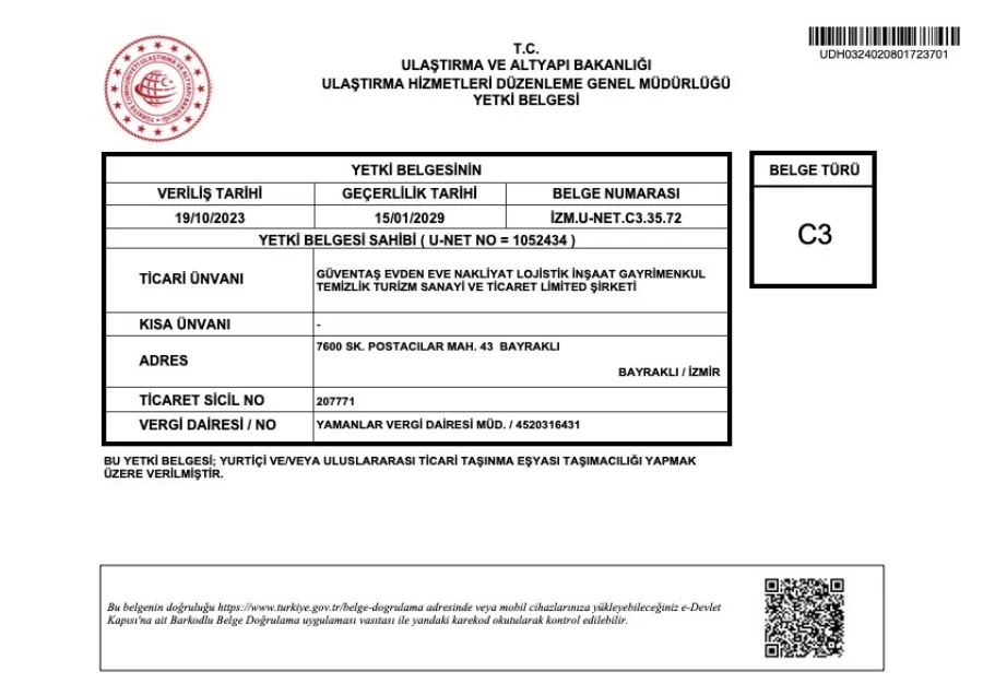 Güventaş adına düzenlenmiş C3 yetki belgesi
