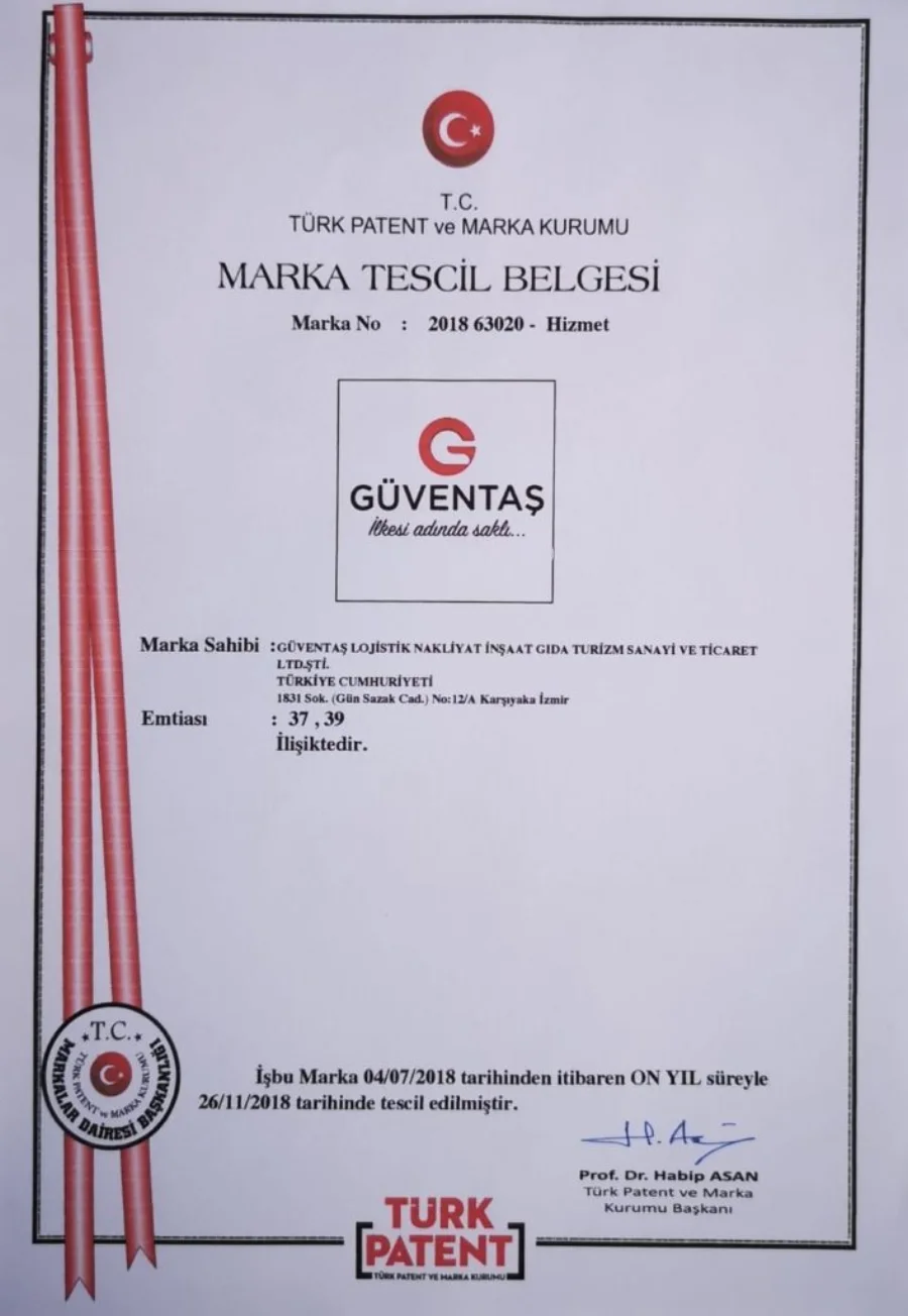 Güventaş marka tescil belgesi